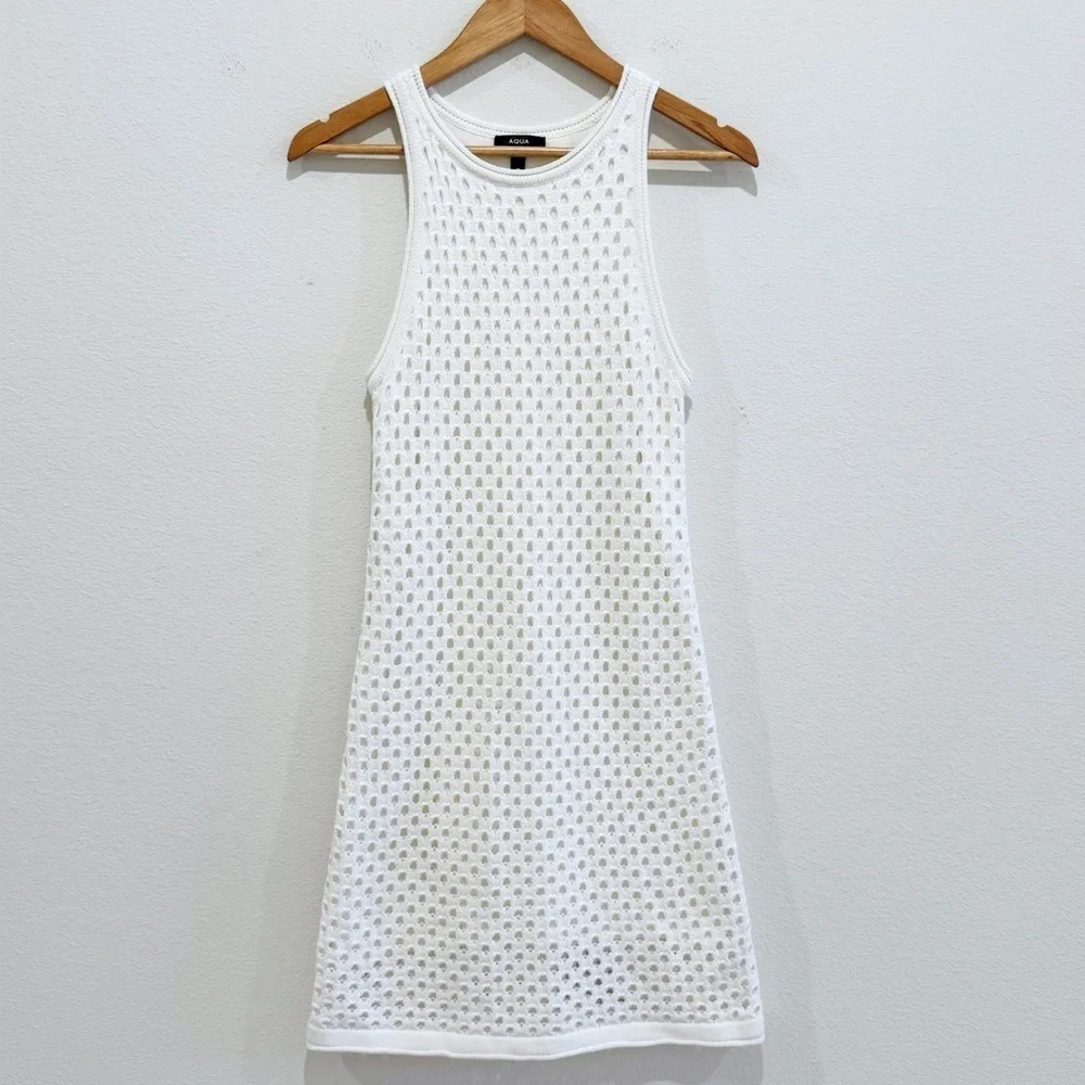 AQUA Crochet Tank Dress White Sleeveless Pullover Crewneck Size Small